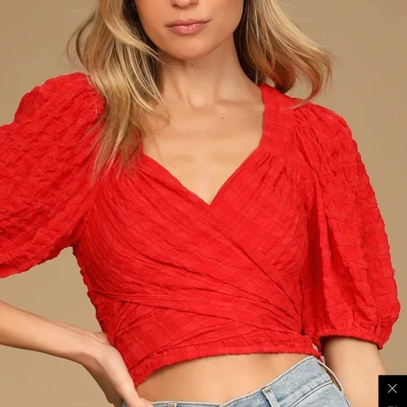 Lulus love of sunshine red puff sleeve wrap crop top NWT size medium - Picture 7 of 9